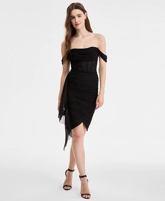 City Studios Juniors' Off-The-Shoulder Corset Mesh Dress