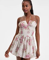Seni & Cade Juniors' Rose-Print Bubble-Hem Mini Dress