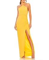 Mac Duggal Women's Halter Neck Ruched Side Front Slit Gown