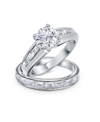 Bling Jewelry Art Deco Style 2CT Cubic Zirconia Solitaire Baguette Band Cz Ring Set .925 Sterling Silver
