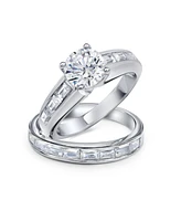 Bling Jewelry Art Deco Style 2CT Cubic Zirconia Solitaire Baguette Band Cz Ring Set .925 Sterling Silver