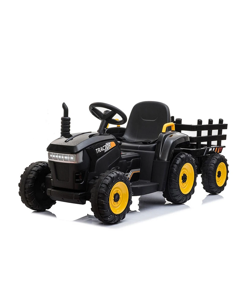 Tobbi 12 Volts Battery Powered Tractor Trailer Ride On Car for Kids Ages 3 to 6 Years with Led Lights, Usb Bluetooth Audio, Music, and Horn, Black