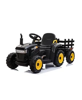 Tobbi 12 Volts Battery Powered Tractor Trailer Ride On Car for Kids Ages 3 to 6 Years with Led Lights, Usb Bluetooth Audio, Music, and Horn, Black