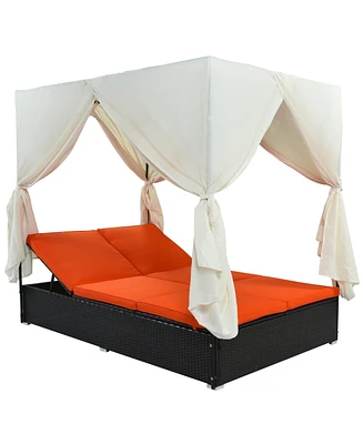Mondawe Outdoor Patio Wicker Sunbed Daybed with Cushions, Adjustable Seats