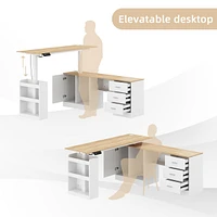 Electric Standing Desk,L-shape Adjustable Height Stand up Desk, Sit Stand Home Office Desk , White，Wooden