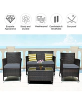 4 Pcs Outdoor Patio Rattan Furniture Set Table Shelf Sofa
