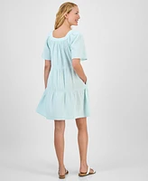 Style & Co Petite Square-Neck Short-Sleeve Tiered Dress, Exclusively at Macy's