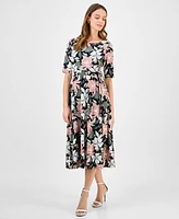 Kasper Women's Printed Elbow-Sleeve Midi Dress, Regular & Petite