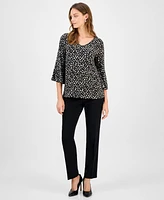 Kasper Women's Printed V-Neck Flare-Sleeve Top