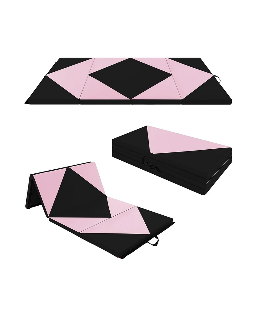 8 Feet Pu Leather Folding Gymnastics Mat with Hook and Loop Fasteners-Black & Pink