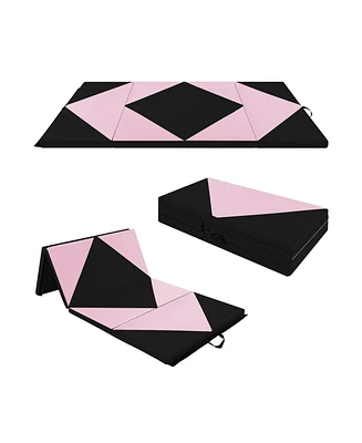 8 Feet Pu Leather Folding Gymnastics Mat with Hook and Loop Fasteners-Black & Pink