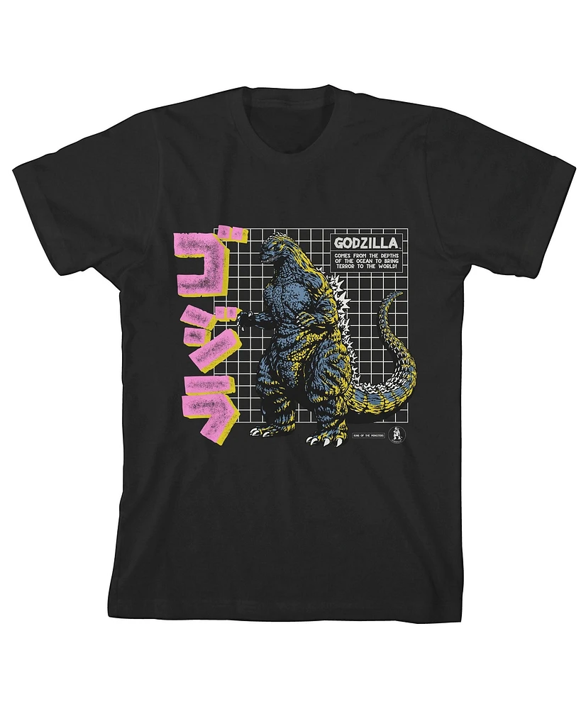 Godzilla Boys Grid & Kanji Crew Neck Short Sleeve Black T-shirt-xl
