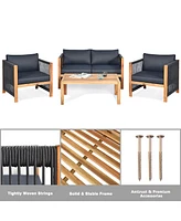 4 Pcs Acacia Wood Patio Conversation Set w/Cushions for Garden