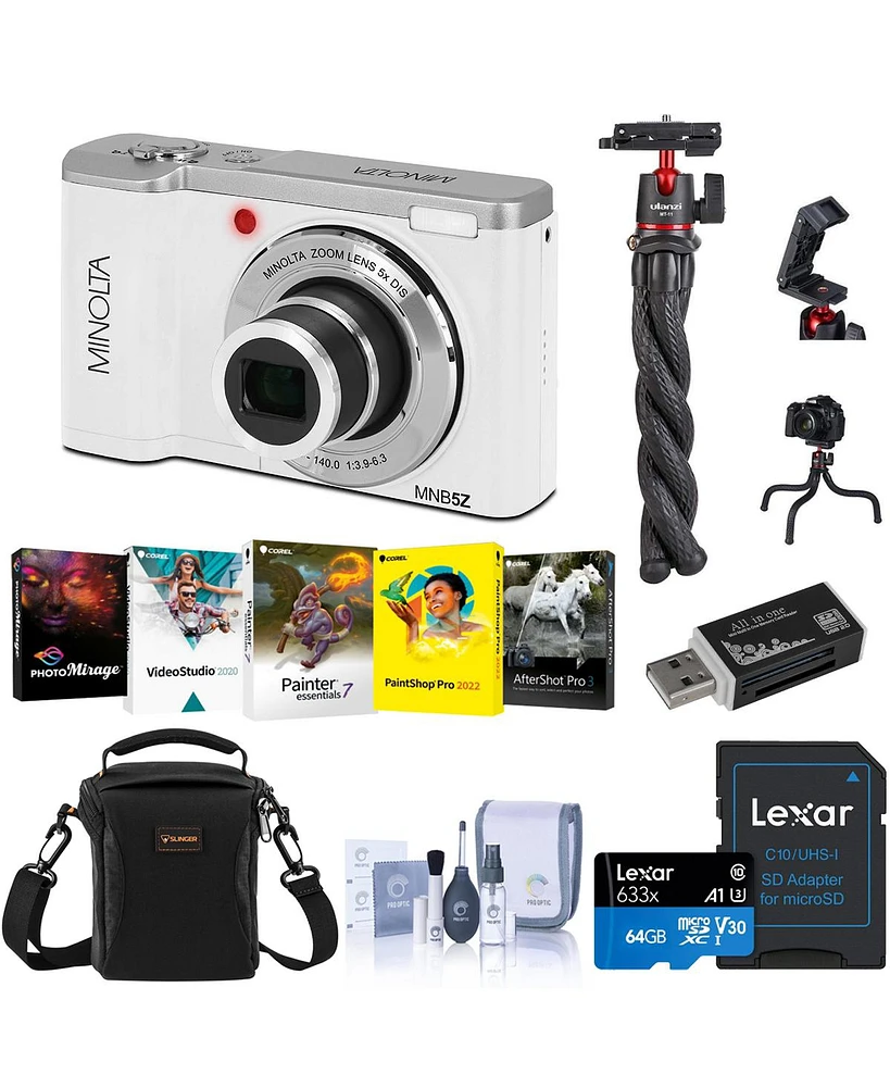Minolta Minolta MNB5Z 56MP 5K Ultra Hd 2.8" Lcd Screen Digital Camera, White, Bundle with Shoulder Bag, 64GB Memory Card, Tripod, Cleaning Kit, P