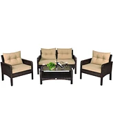 4PCS Patio Rattan Furniture Set Loveseat Sofa Coffee Table Garden W/ Cushion