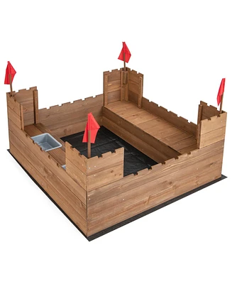 Kids Wooden Sandbox with Bottom Liner and Red Flags