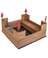 Kids Wooden Sandbox with Bottom Liner and Red Flags