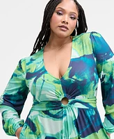 Nina Parker Trendy Plus Long-Sleeve Ring-Detail Jumpsuit