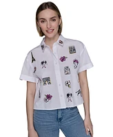 Karl Lagerfeld Paris Petite Cotton Embroidered Short-Sleeve Shirt
