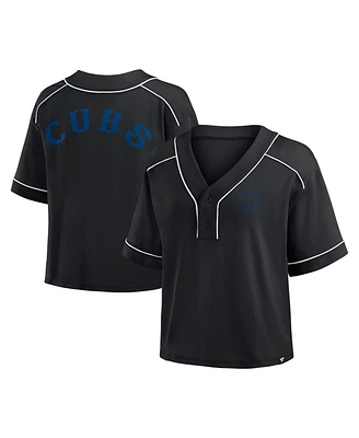 Fanatics Women's Black Chicago Cubs Oversized Champ Game Cropped V-Neck T-Shirt
