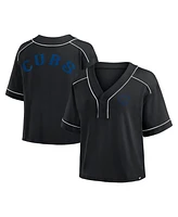 Fanatics Women's Black Chicago Cubs Oversized Champ Game Cropped V-Neck T-Shirt
