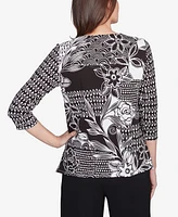 Alfred Dunner Petite Natural Instinct Monotone Patch Beaded Split Neck Top