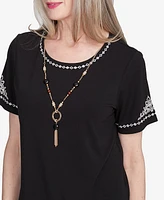 Alfred Dunner Petite Natural Instinct Embroidered Border Tee With Necklace