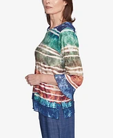 Alfred Dunner Petite Summer Solstice Tie Dye Striped Biadere Crewneck Top