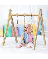 Costway Baby Foldable Wooden Gym with 3 Wooden Teething Toys