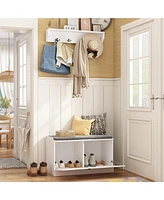 Shoe bench with two lockers, white wooden shoe rack with coat rack, Entryway Bench
