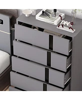 Bedside table with five drawers, side table with adjustable feet, grey wooden end table, suitable for bedrooms, living rooms, offices