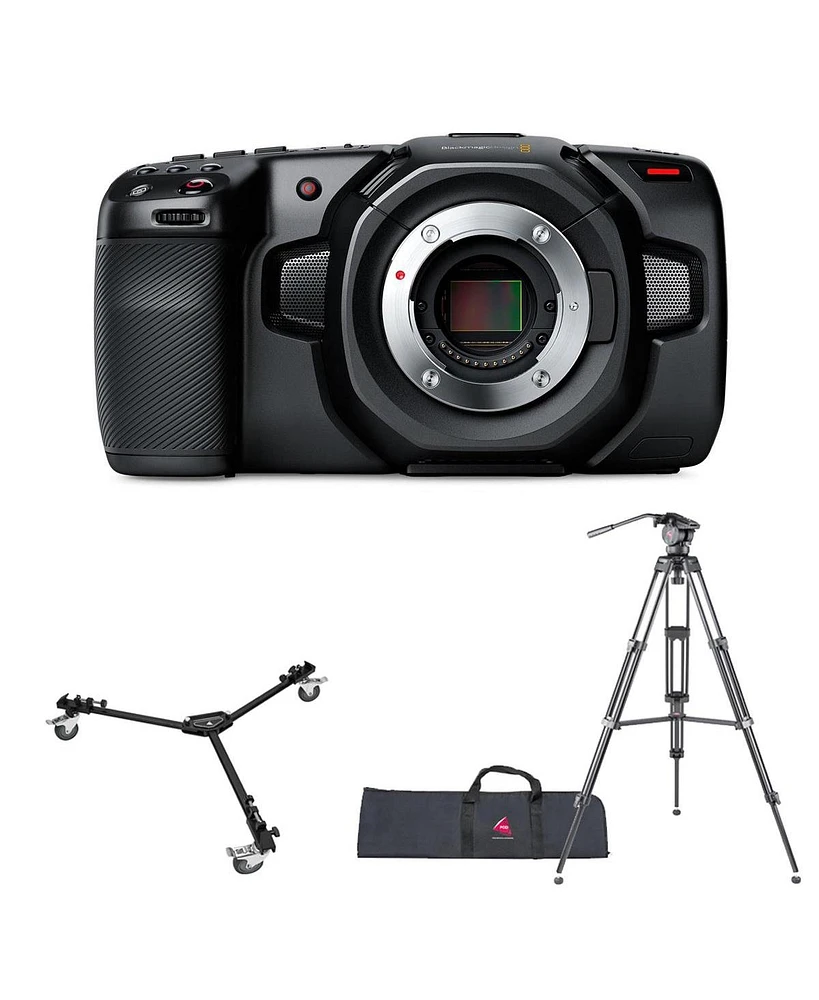 Blackmagic Design Blackmagic Design Pocket Cinema Camera 4K, Bundled with 3-Section Aluminum Video Tripod and Universal Tripod Dolly with Handle & Cas
