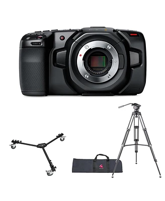 Blackmagic Design Blackmagic Design Pocket Cinema Camera 4K, Bundled with 3-Section Aluminum Video Tripod and Universal Tripod Dolly with Handle & Cas