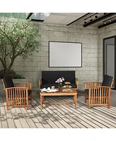 4PCS Patio Solid Wood Furniture Set Conversation Coffee Table W