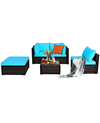 5PCS Patio Rattan Sectional Conversation Set Ottoman