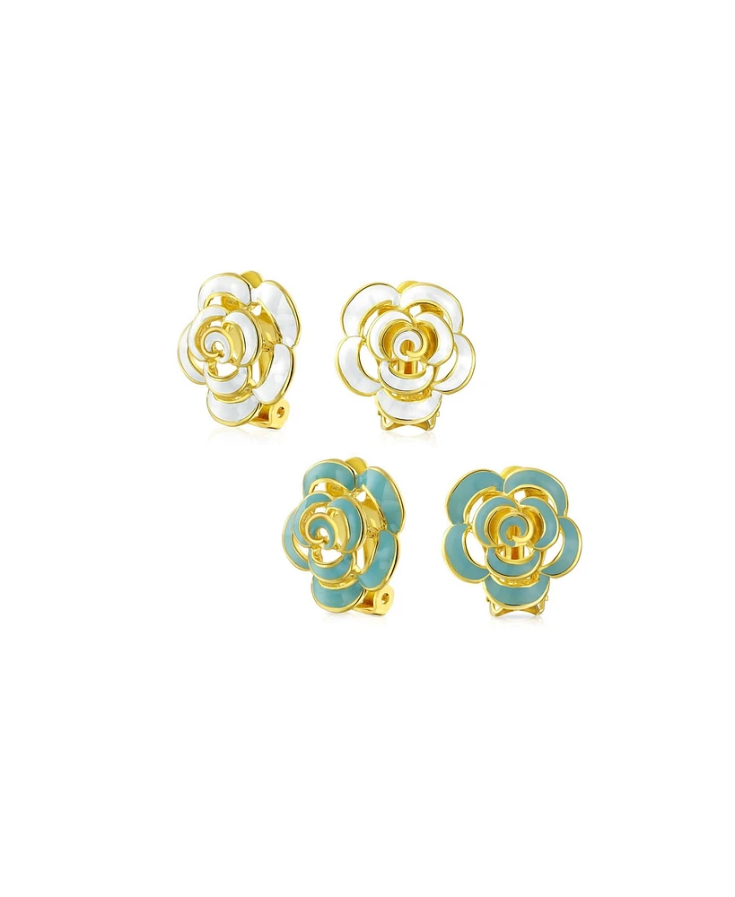 Bling Jewelry Set of 2 Enamel 3D White Blue Rose Flower Clip-On Earrings Gold Silver Plated