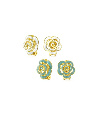 Bling Jewelry Set of 2 Enamel 3D White Blue Rose Flower Clip-On Earrings Gold Silver Plated