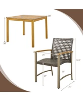 Gymax 5 Pcs Patio Dining Set Acacia Wood Table w/ 1.9'' Umbrella Hole Wicker Armchairs