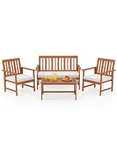 Gymax 4-Piece Acacia Wood Patio Conversation Set Outdoor Furniture Set w/ 2 Armchairs