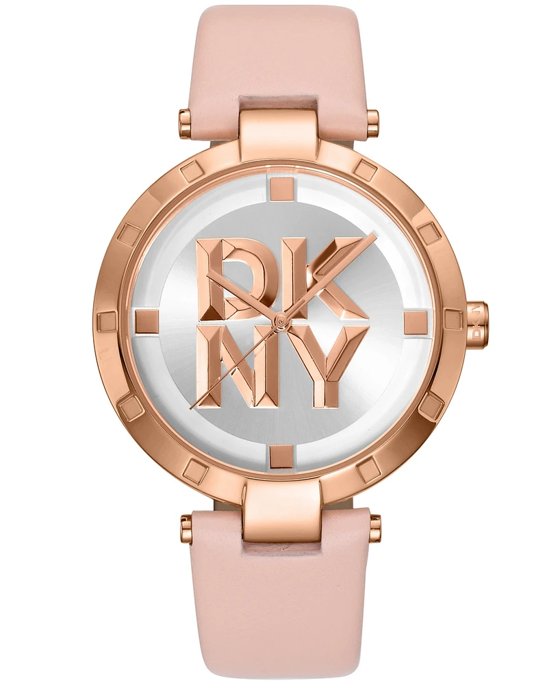 Dkny Women's Essential Logo Pink Leather Strap Watch, 38mm