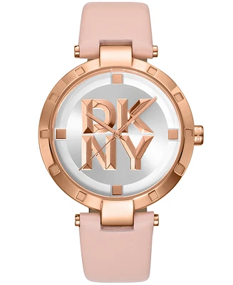 Dkny Women's Essential Logo Pink Leather Strap Watch, 38mm