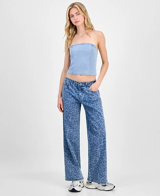 Juniors' Tonal Leopard-Print Wide-Leg Jeans