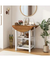 Folding Round Dining Table Drop Leaf Table with 2 Shelves for Small Spaces