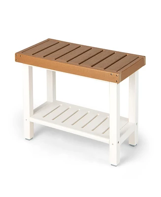 2-Tier Hdpe Shower Chair with Storage Shelf and Anti-slip Foot Pads for Bath Spa-Brown