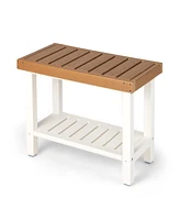 2-Tier Hdpe Shower Chair with Storage Shelf and Anti-slip Foot Pads for Bath Spa-Brown