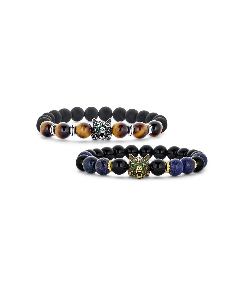 Bling Jewelry Set of 2 Wolf Face Natural Onyx Lapis and Tiger Eye Bead Stretch Bracelet Gold Plated