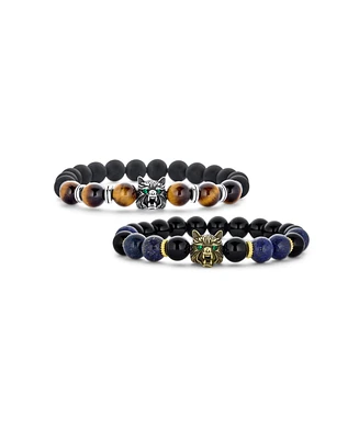 Bling Jewelry Set of 2 Wolf Face Natural Onyx Lapis and Tiger Eye Bead Stretch Bracelet Gold Plated