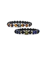 Bling Jewelry Set of 2 Wolf Face Natural Onyx Lapis and Tiger Eye Bead Stretch Bracelet Gold Plated