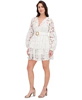 Siena Women's Blouson-Sleeve Tiered Lace A-Line Dress