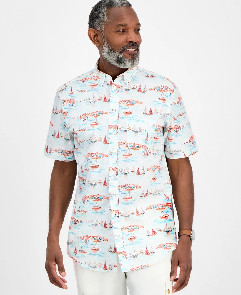 Club Room Men's Short Sleeve Sailboat Scene Print Button-Down Shirt, Exclusively at Macy's